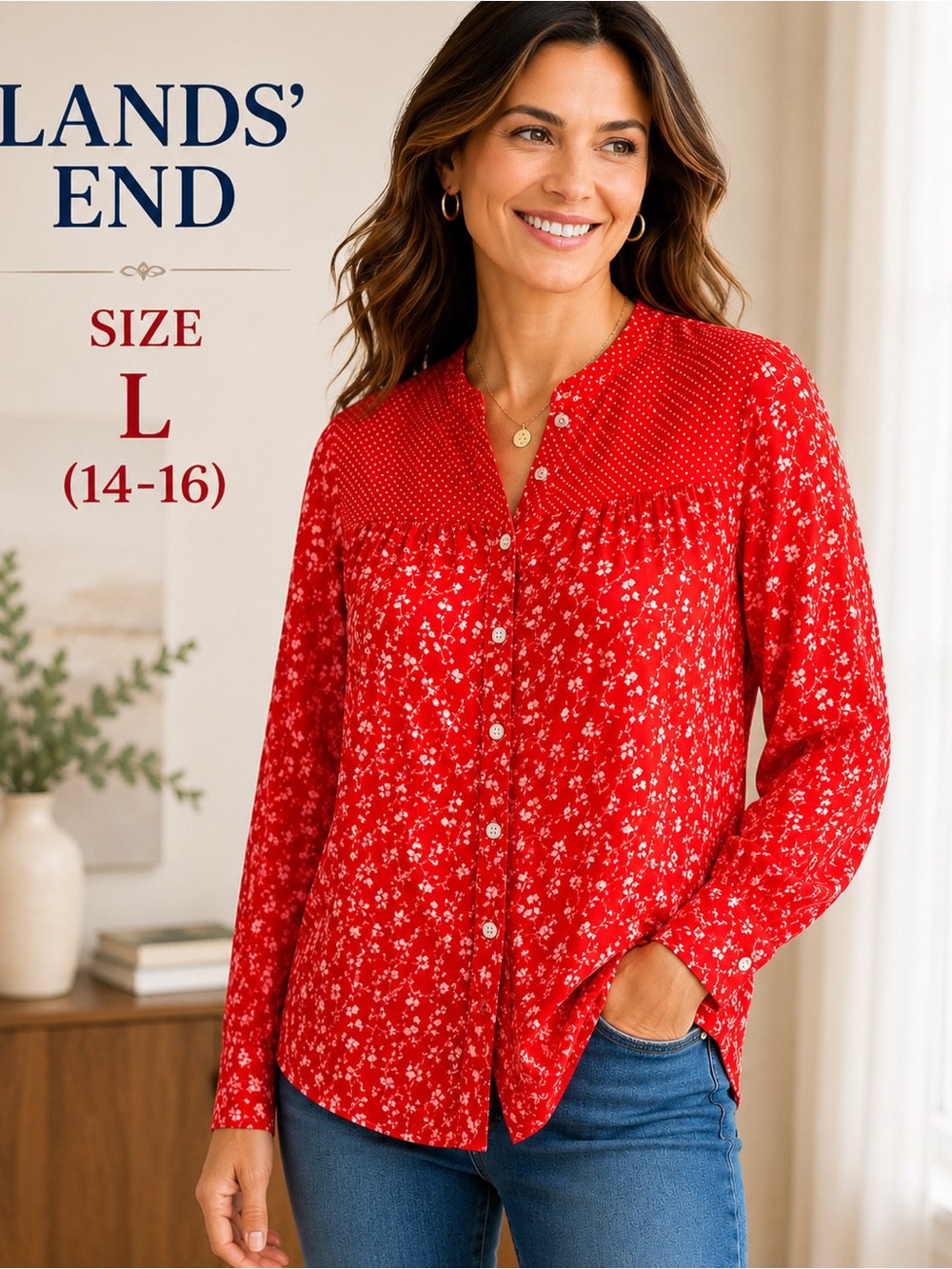 Lands’ End Red Floral Rayon Button Front Blouse L 14/16